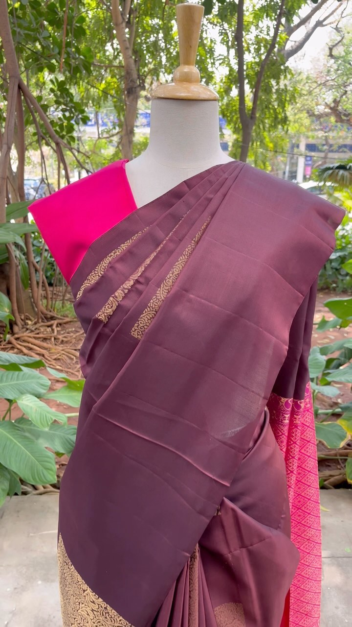 Soft silk saree price(BROWN WITH PINK) - Studio Thari